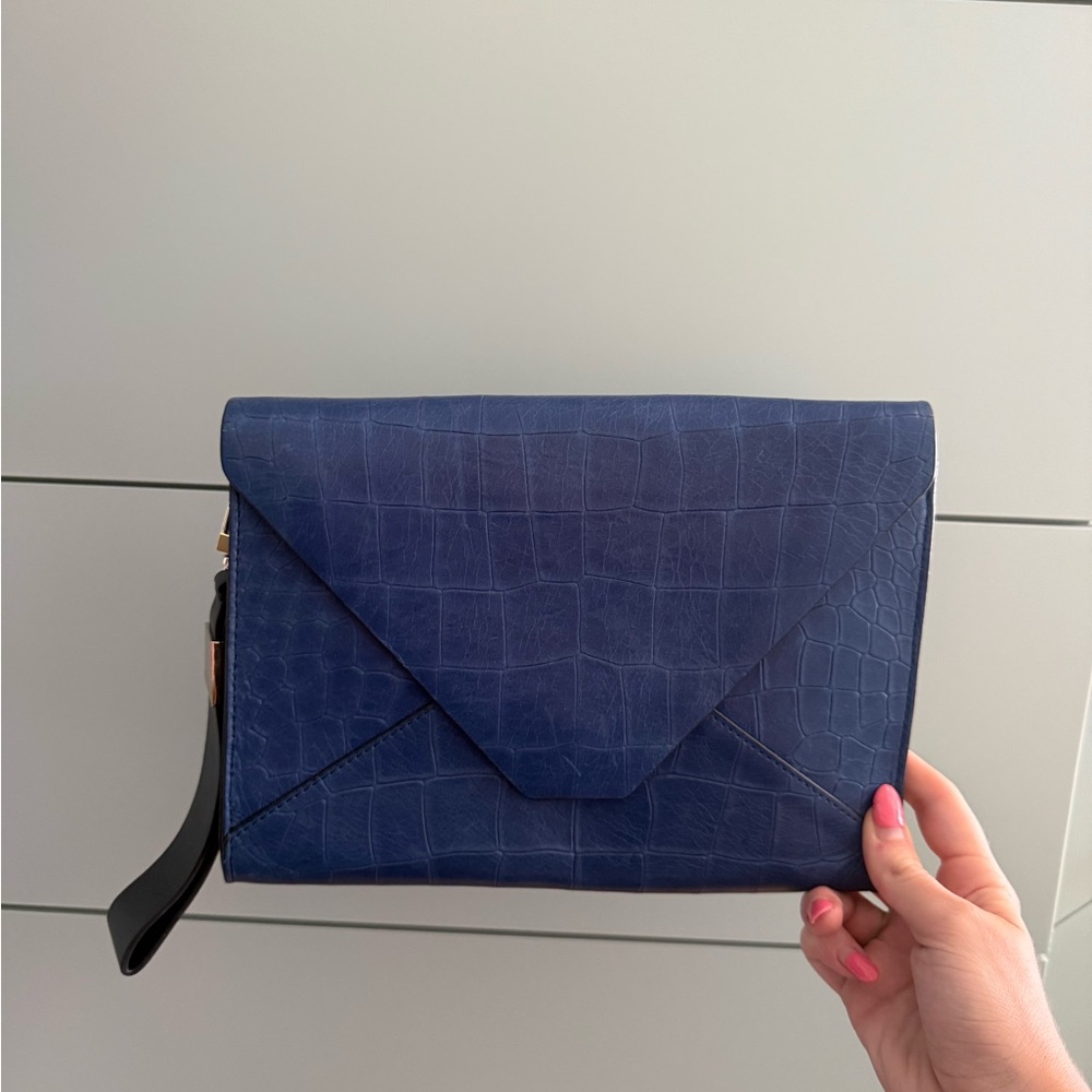 Navy Croc-Embossed Envelope Clutch